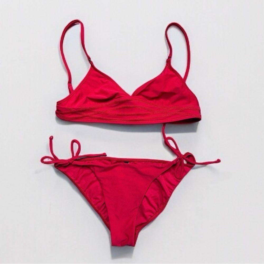 EBW Convertible Triangle Top with Matching Tie Side Bikini Bottoms Red